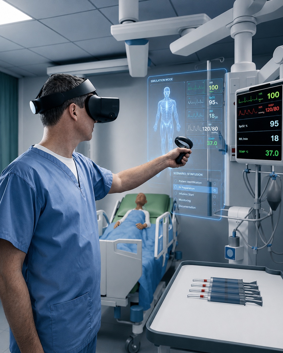 Healthcare professional using VR medical training simulation